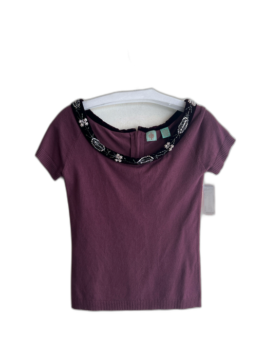 Anthropologie Size Medium Plum Rayon Blend Wide Neck embellished neckline Top Plum / Medium