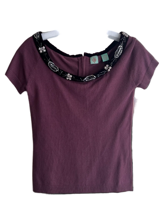 Anthropologie Size Medium Plum Rayon Blend Wide Neck embellished neckline Top Plum / Medium