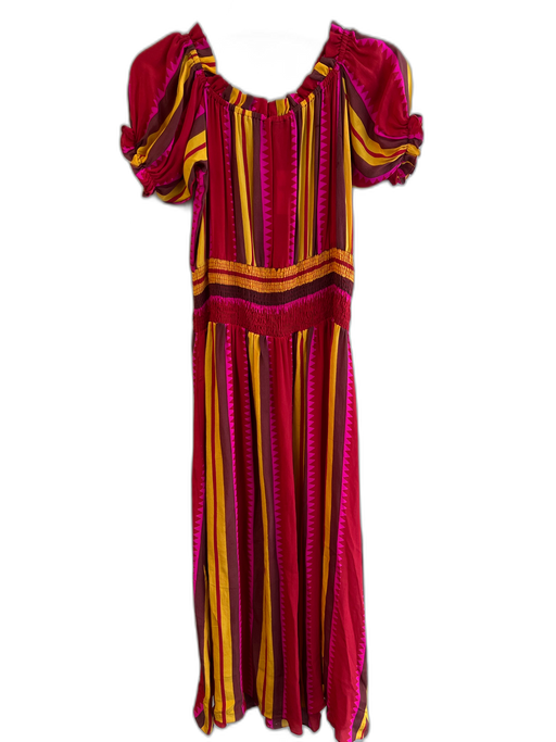 Anupamaa Size SP Multi Silk Off Shoulder Short Puff Sleeve Stripes Maxi Dress Multi / SP