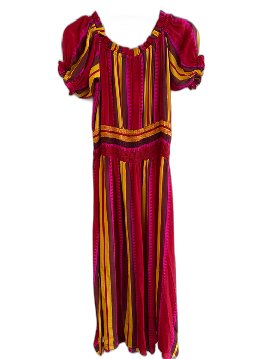 Anupamaa Size SP Multi Silk Off Shoulder Short Puff Sleeve Stripes Maxi Dress Multi / SP