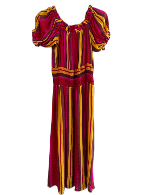 Anupamaa Size SP Multi Silk Off Shoulder Short Puff Sleeve Stripes Maxi Dress Multi / SP