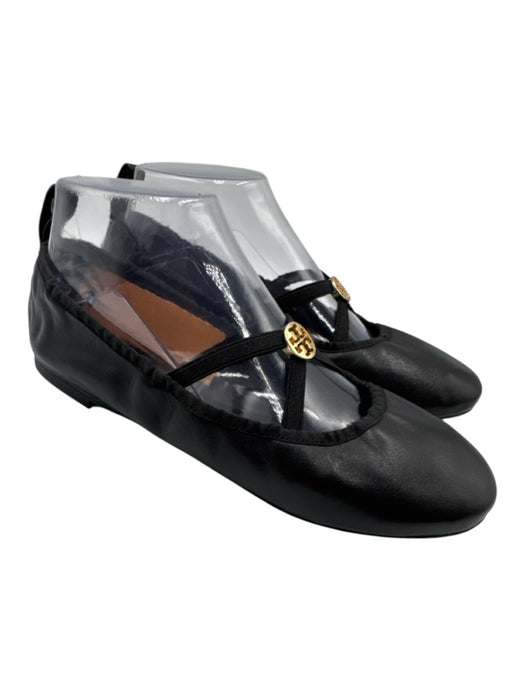 Tory Burch Shoe Size 7 Black Leather Upper Criss Cross Logo Detail Flats Black / 7