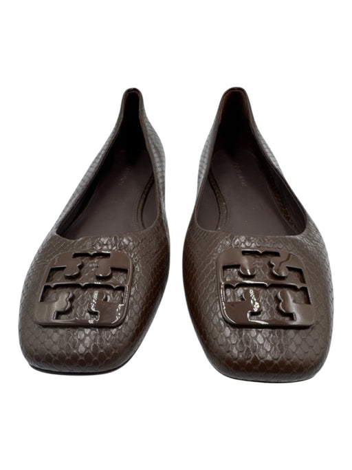 Tory Burch Shoe Size 8 Dark Brown Leather Upper Snakeskin Embossed Logo Flats Dark Brown / 8