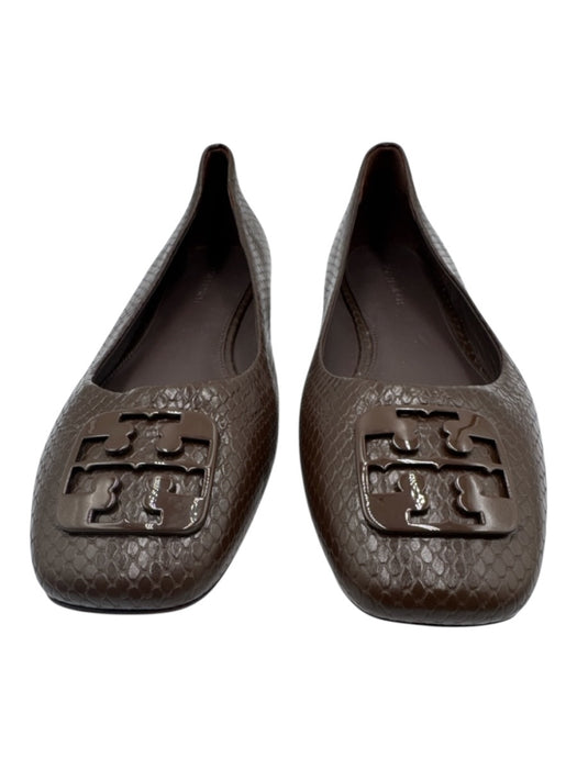 Tory Burch Shoe Size 8 Dark Brown Leather Upper Snakeskin Embossed Logo Flats Dark Brown / 8