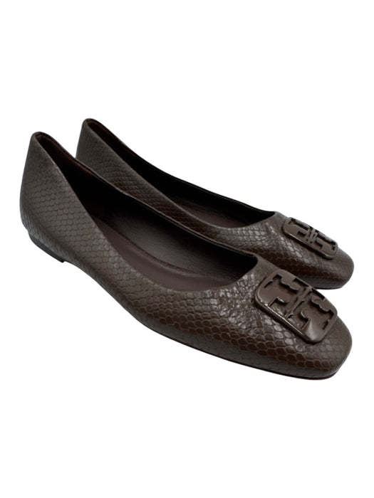 Tory Burch Shoe Size 8 Dark Brown Leather Upper Snakeskin Embossed Logo Flats Dark Brown / 8