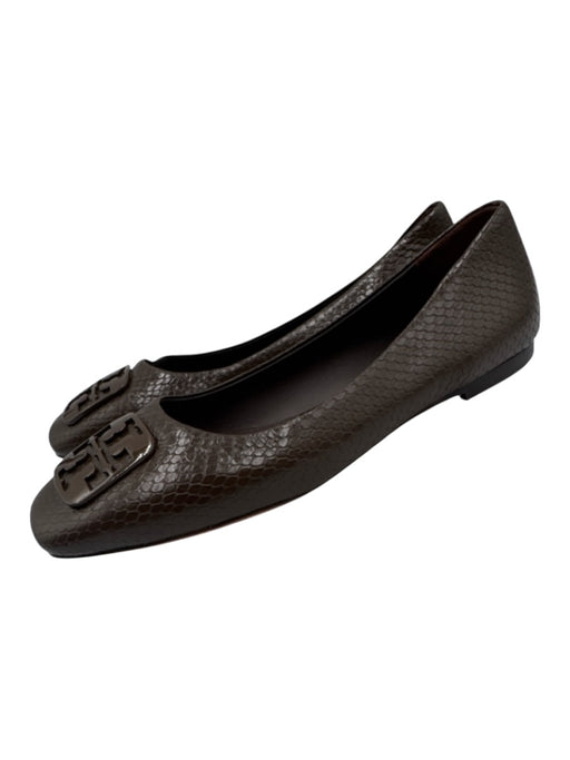 Tory Burch Shoe Size 8 Dark Brown Leather Upper Snakeskin Embossed Logo Flats Dark Brown / 8