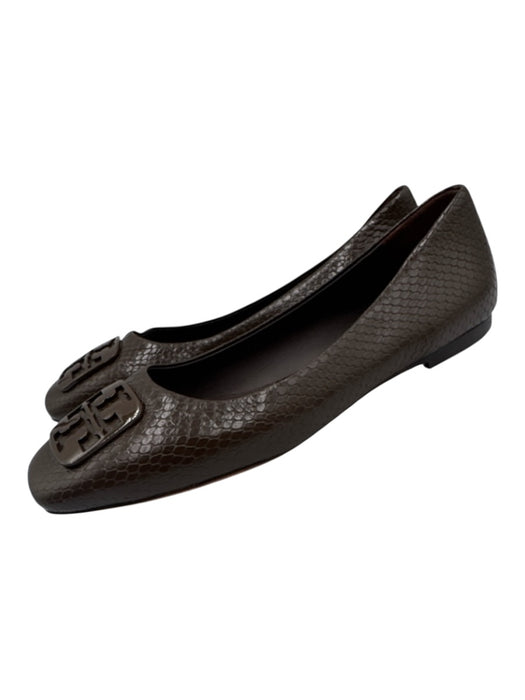 Tory Burch Shoe Size 8 Dark Brown Leather Upper Snakeskin Embossed Logo Flats Dark Brown / 8