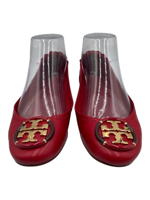 Tory Burch Shoe Size 7 Red Leather Upper Gold Tone Logo Elastic Back Pump Flats Red / 7