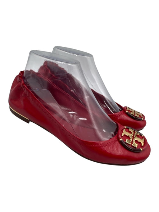 Tory Burch Shoe Size 7 Red Leather Upper Gold Tone Logo Elastic Back Pump Flats Red / 7
