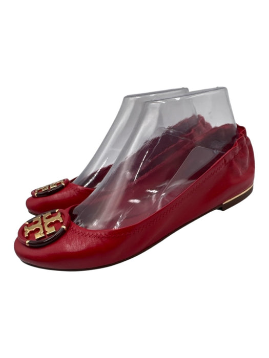 Tory Burch Shoe Size 7 Red Leather Upper Gold Tone Logo Elastic Back Pump Flats Red / 7