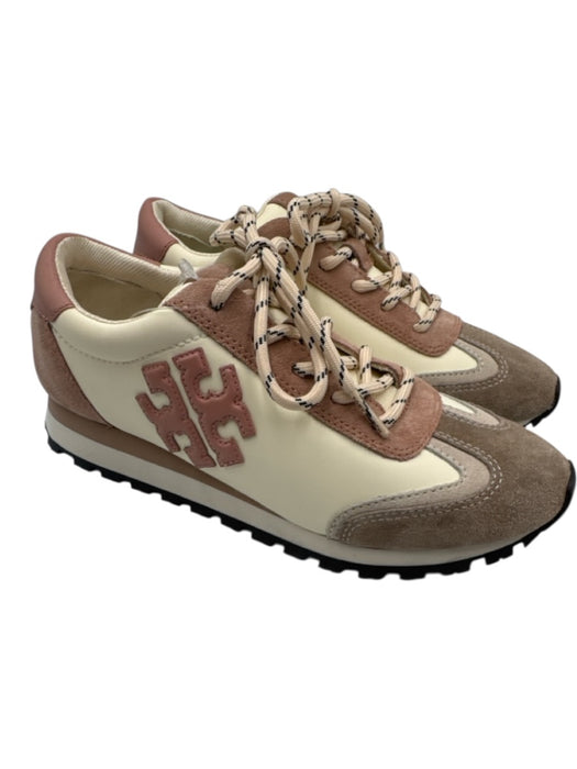 Tory Burch Shoe Size 6.5 Cream, Taupe & Pink Leather T Toe Logo Side Sneakers Cream, Taupe & Pink / 6.5