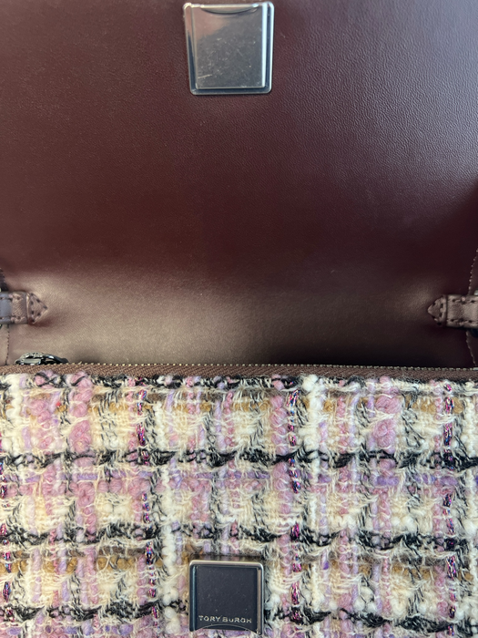 Tory Burch Purple Tweed silver tone hardware Removable Chain Wallet Purse Purple / Small