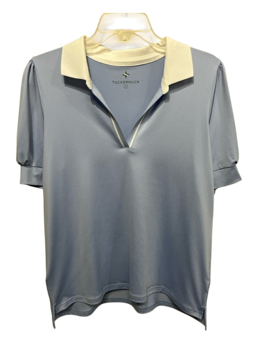 Tuckernuck Size Large Blue & White Polyester Blend Collared Short Sleeve Top Blue & White / Large