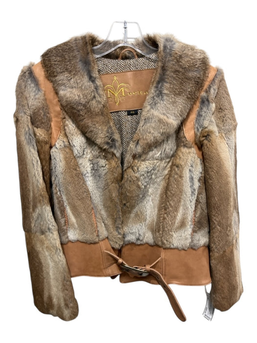 Mackage Size P/S Brown & Gray Rabbit Fur Acrylic Blend Moto Belted Jacket Brown & Gray / P/S