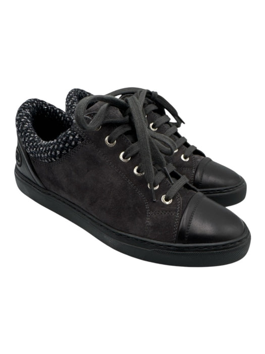 Chanel Shoe Size 39.5 Charcoal Gray & Black Leather Low Top Box Inc. Sneakers Charcoal Gray & Black / 39.5