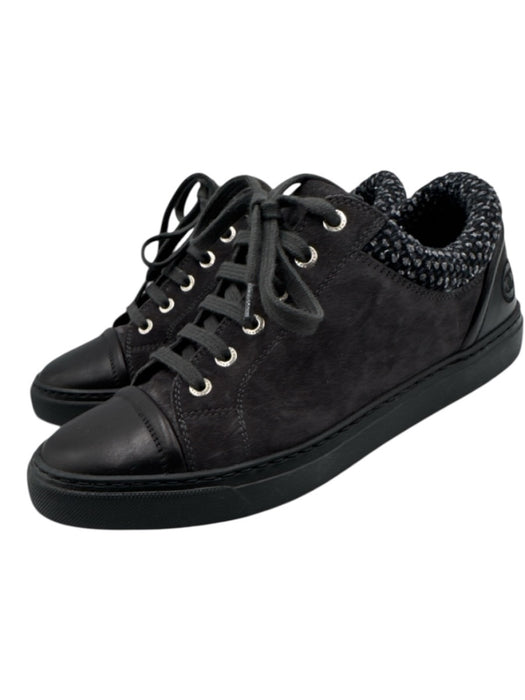 Chanel Shoe Size 39.5 Charcoal Gray & Black Leather Low Top Box Inc. Sneakers Charcoal Gray & Black / 39.5
