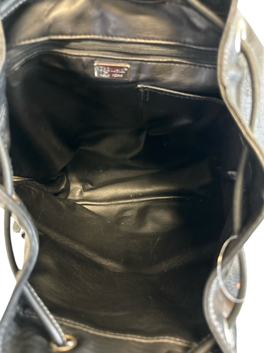 Perlina Black Leather Magnetic Flap Drawstring Closure Zipper Detail Bag Black / M