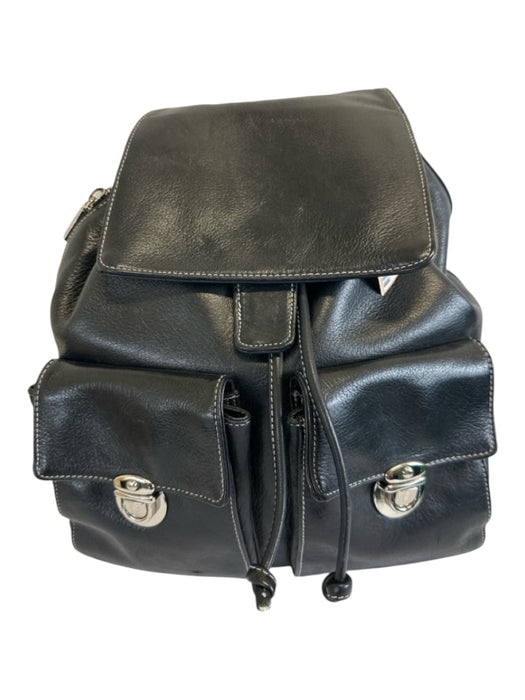 Perlina Black Leather Magnetic Flap Drawstring Closure Zipper Detail Bag Black / M