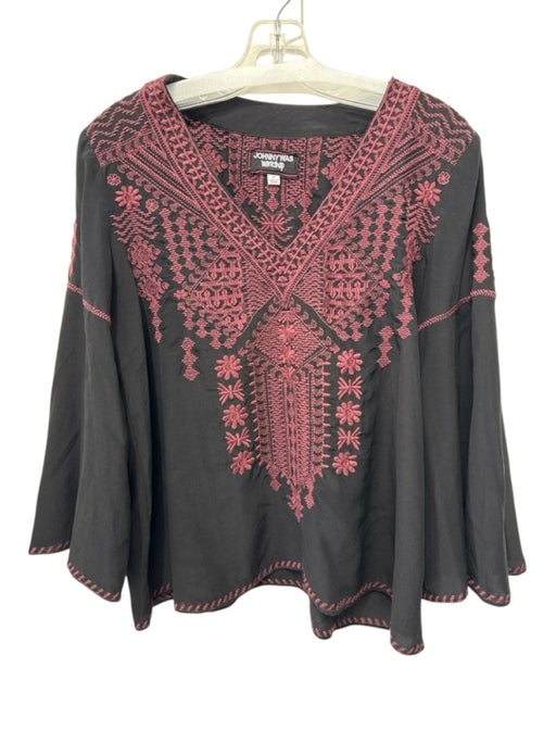 Johnny Was Workshop Size XS Black & Burgundy Silk V Neck Embroidery Flowy Top Black & Burgundy / XS