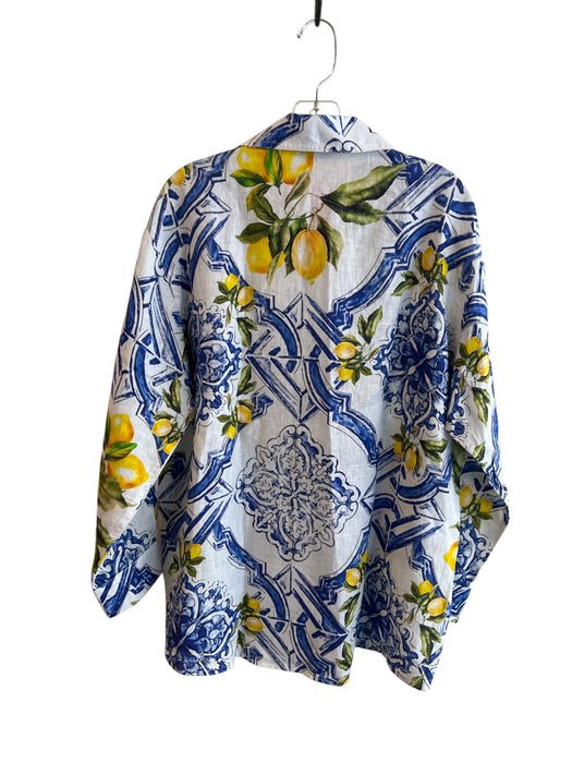 Orchidea Size XXXL Blue & Yellow Linen Collared Button Down Long Sleeve Top Blue & Yellow / XXXL