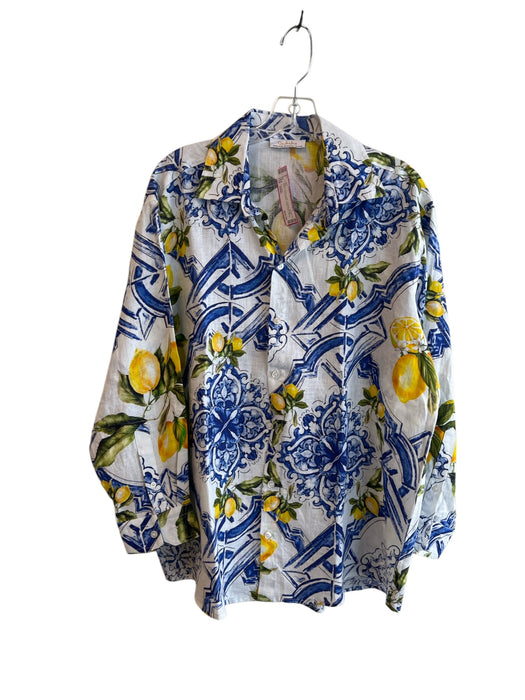 Orchidea Size XXXL Blue & Yellow Linen Collared Button Down Long Sleeve Top Blue & Yellow / XXXL