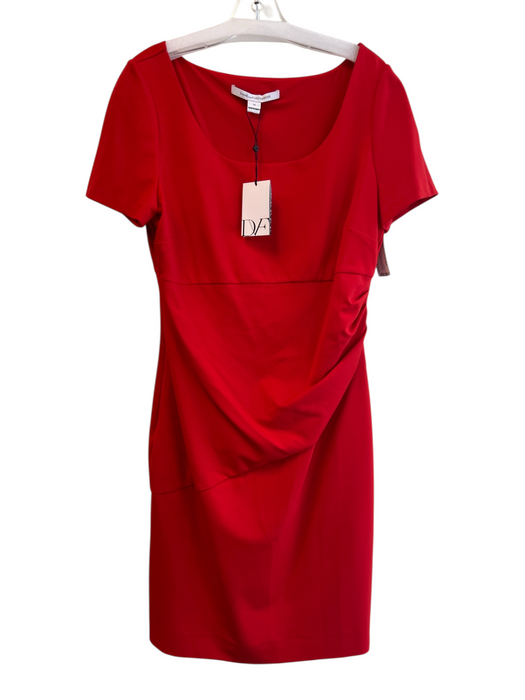 Diane Von Furstenberg Size 14 Red Viscose Blend Short Sleeve Ruched Side Dress Red / 14