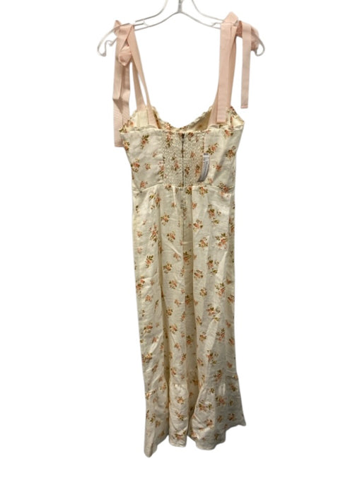 Reformation Size 4 Cream & Pink Print Linen Blend Floral Midi Bow Shoulder Dress Cream & Pink Print / 4