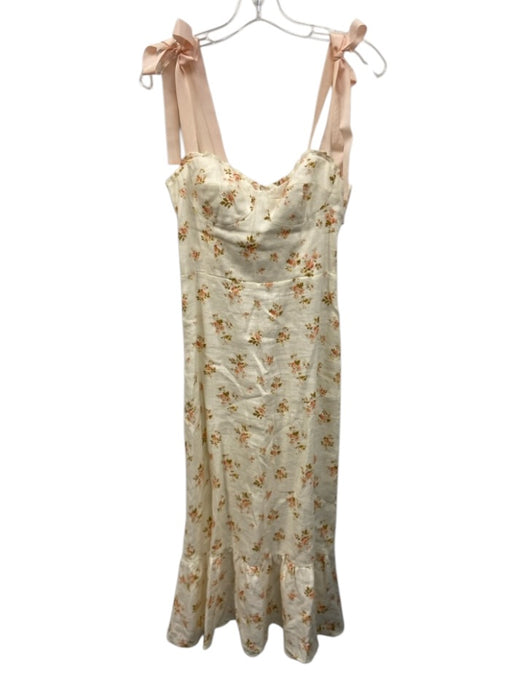 Reformation Size 4 Cream & Pink Print Linen Blend Floral Midi Bow Shoulder Dress Cream & Pink Print / 4
