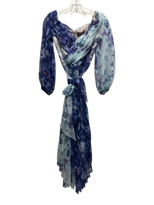 Theia Size 0 Blue & Multi Polyester Floral Sheer Sleeve Surplice Maxi Dress Blue & Multi / 0