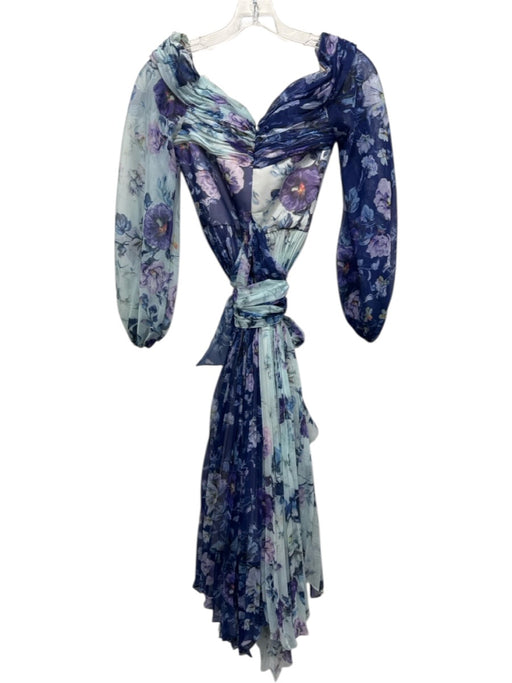 Theia Size 0 Blue & Multi Polyester Floral Sheer Sleeve Surplice Maxi Dress Blue & Multi / 0