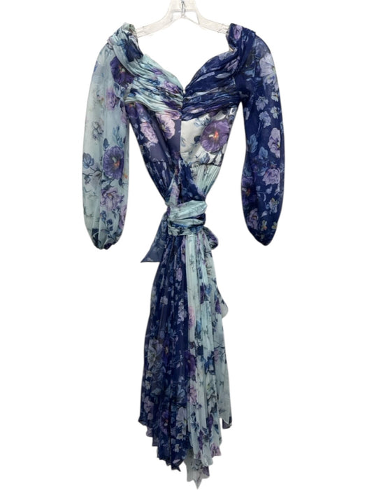 Theia Size 0 Blue & Multi Polyester Floral Sheer Sleeve Surplice Maxi Dress Blue & Multi / 0