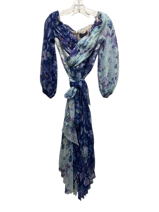 Theia Size 0 Blue & Multi Polyester Floral Sheer Sleeve Surplice Maxi Dress Blue & Multi / 0