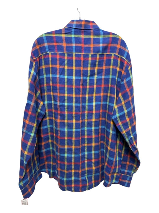 Bugatchi Size Est L Blue & Multi Linen Blend Plaid Button up Long Sleeve Shirt Blue & Multi / Est L