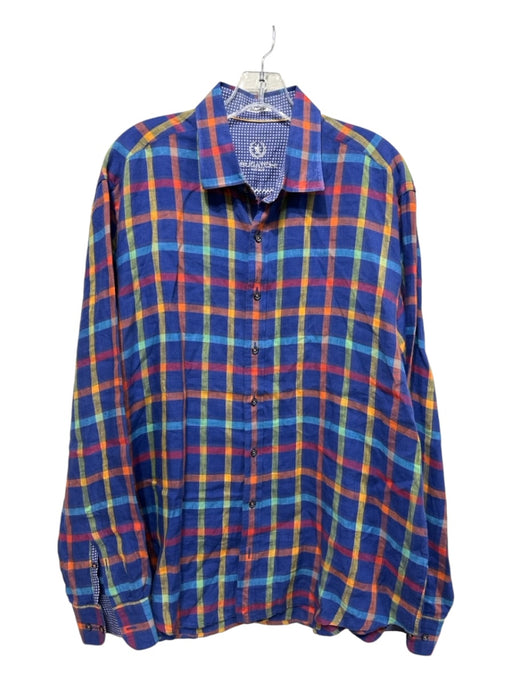 Bugatchi Size Est L Blue & Multi Linen Blend Plaid Button up Long Sleeve Shirt Blue & Multi / Est L