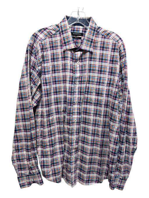 Bugatchi Size Est L White & Multi Cotton Blend Plaid Button Up Long Sleeve Shirt White & Multi / Est L