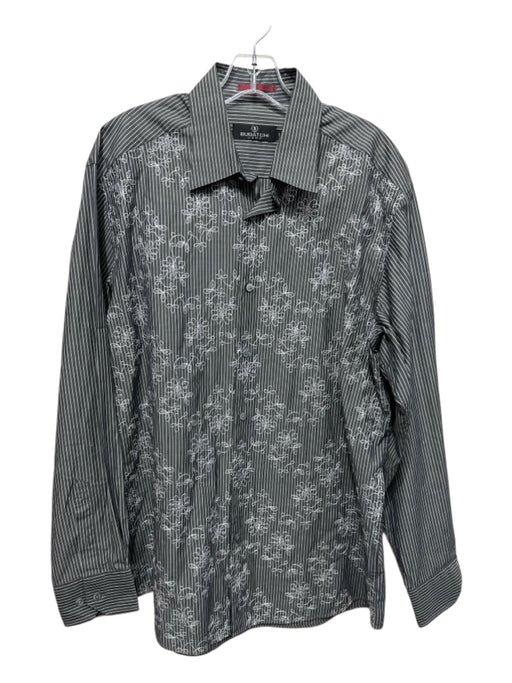 Bugatchi Size L Gray & White Cotton Striped Embroidered Men's Long Sleeve Shirt Gray & White / L