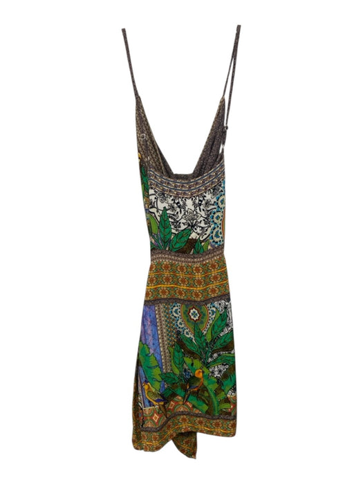 Farm Rio Size S Green, Yellow, Brown Viscose V Neck Birds Wrap Mini Dress Green, Yellow, Brown / S