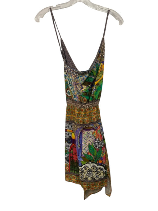 Farm Rio Size S Green, Yellow, Brown Viscose V Neck Birds Wrap Mini Dress Green, Yellow, Brown / S