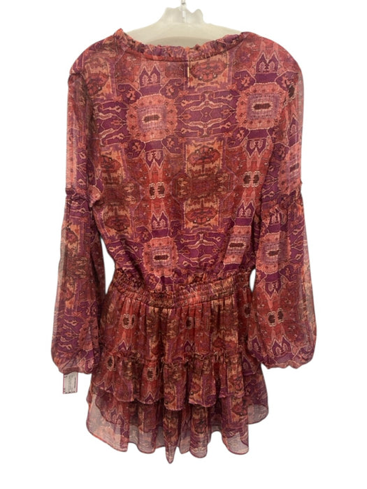 Misa Size M Red & Purple Polyester Long Sleeve Geometric Ruffle Hem V Neck Dress Red & Purple / M