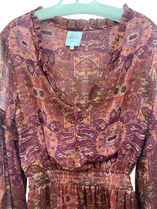 Misa Size M Red & Purple Polyester Long Sleeve Geometric Ruffle Hem V Neck Dress Red & Purple / M