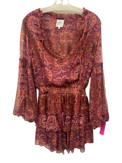 Misa Size M Red & Purple Polyester Long Sleeve Geometric Ruffle Hem V Neck Dress Red & Purple / M