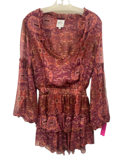 Misa Size M Red & Purple Polyester Long Sleeve Geometric Ruffle Hem V Neck Dress Red & Purple / M