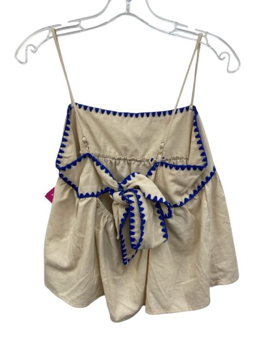 En Saison Size M Cream White & Blue Cotton & Linen Spaghetti Strap Tie Back Top Cream White & Blue / M