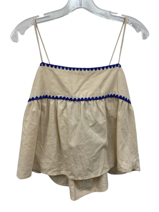 En Saison Size M Cream White & Blue Cotton & Linen Spaghetti Strap Tie Back Top Cream White & Blue / M