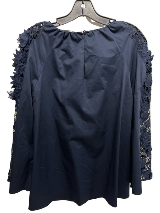 Oscar De La Renta Size 4 Navy Blue Cotton Blend Lace Detail Gathered Neck Top