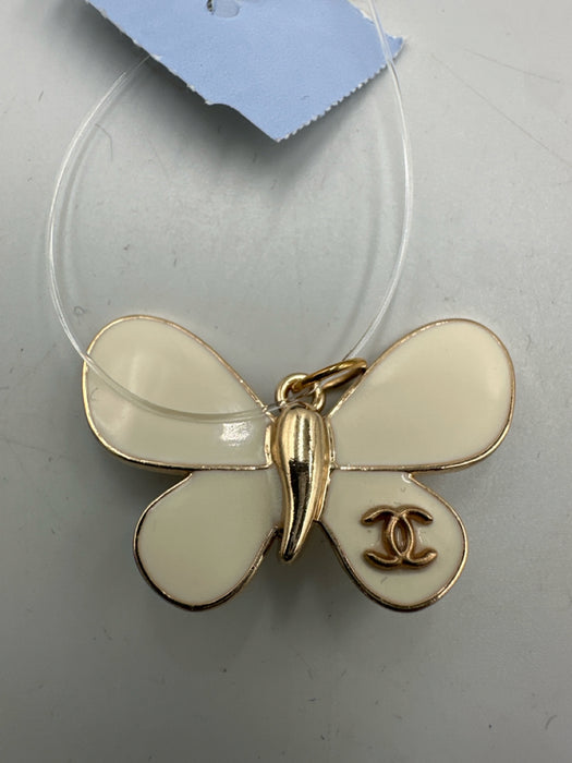 Chanel White & Gold Enamel Butterfly Interlocking CC Pendant