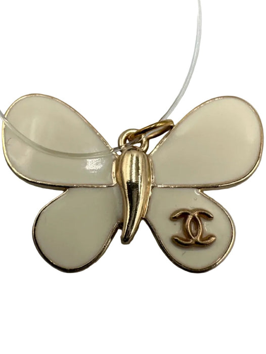 Chanel White & Gold Enamel Butterfly Interlocking CC Pendant