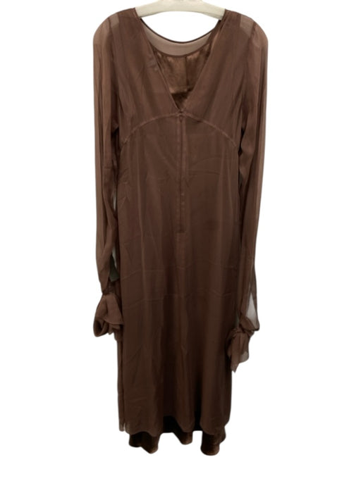 Morgan Le Fay Size L Brown Silk Slip Incld Zip Back Maxi Long Sleeve Dress Brown / L