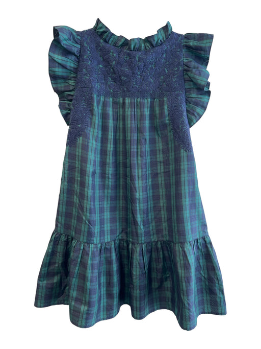J. Marie Size Medium Green & Navy Polyester & Rayon Plaid Ruffle Neckline Dress Green & Navy / Medium