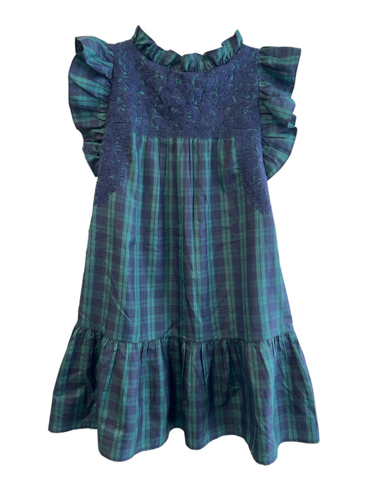 J. Marie Size Medium Green & Navy Polyester & Rayon Plaid Ruffle Neckline Dress Green & Navy / Medium